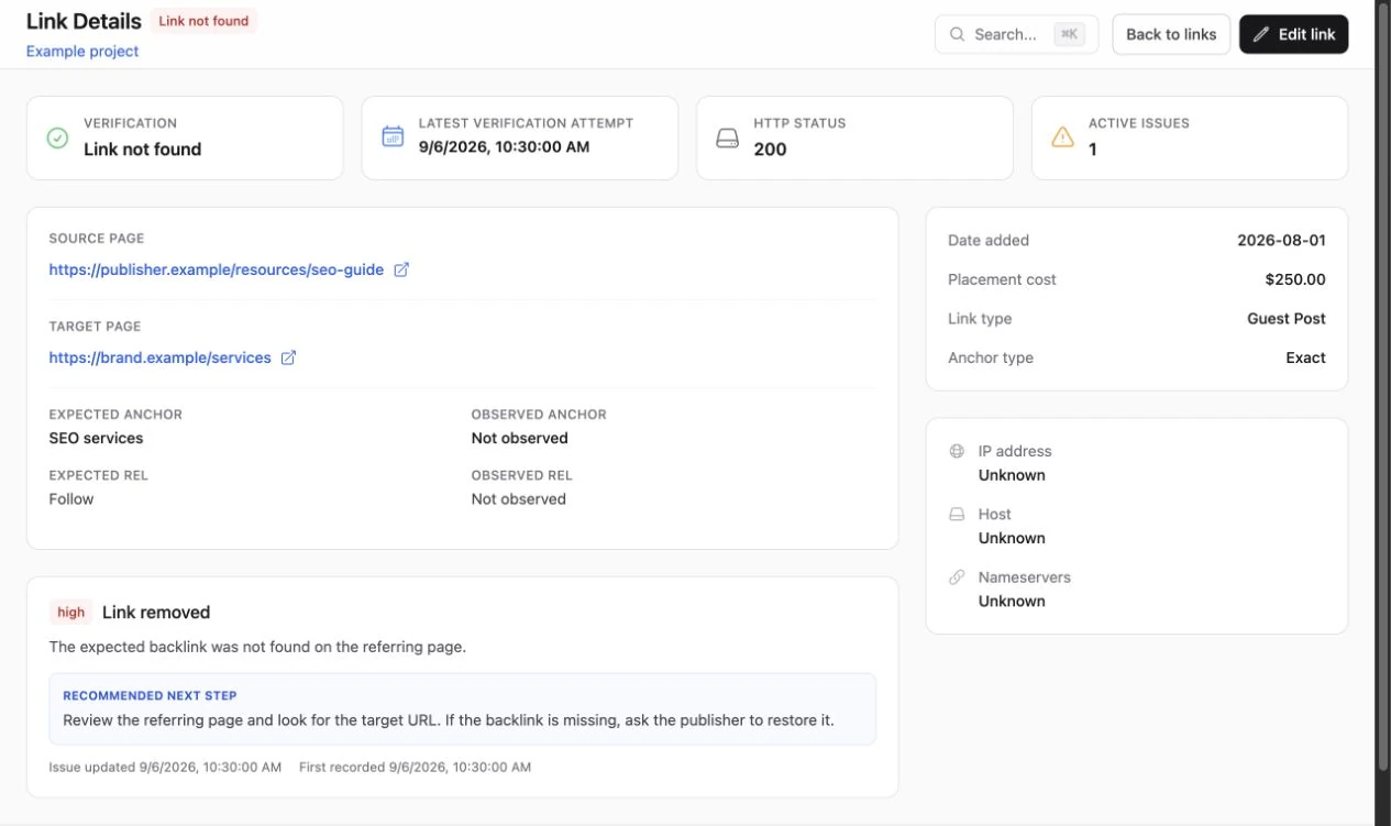 LinkTracker.ai’s Link Details interface showing sample backlink monitoring data.